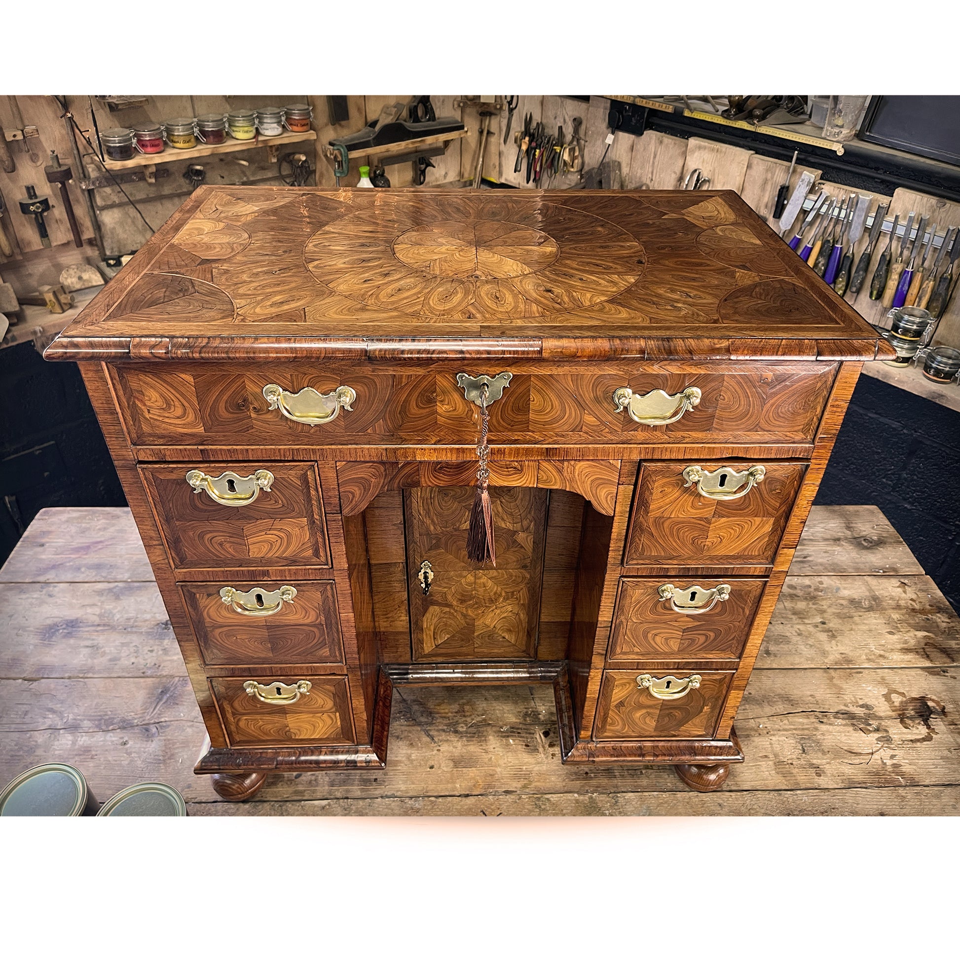 Olive Oyster Veneered Kneehole Desk Polished with Gilboys Antique Gold