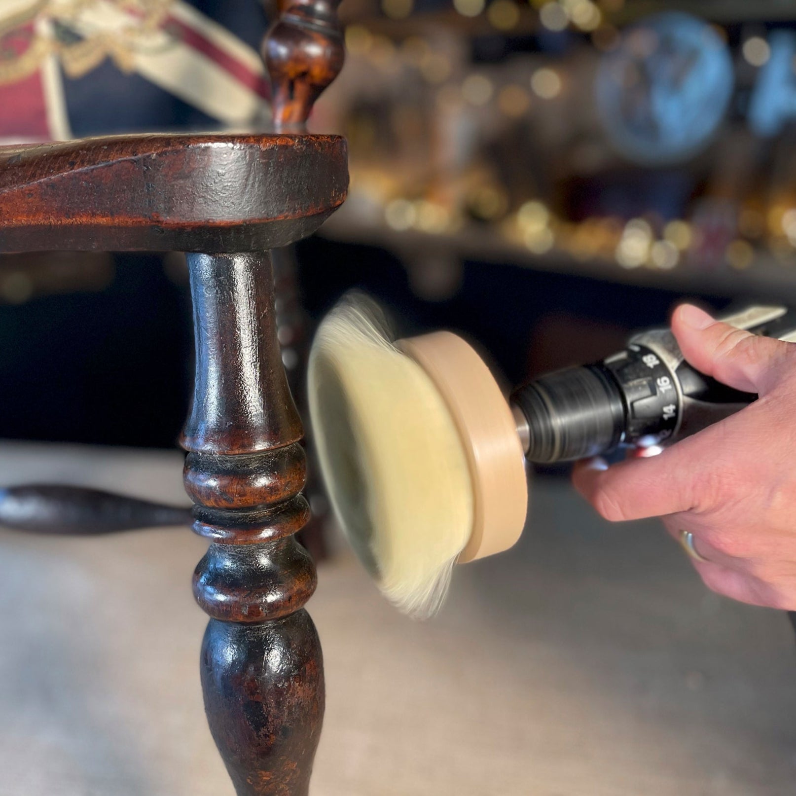 Gilboys Drill Brush in Action on a chair leg 