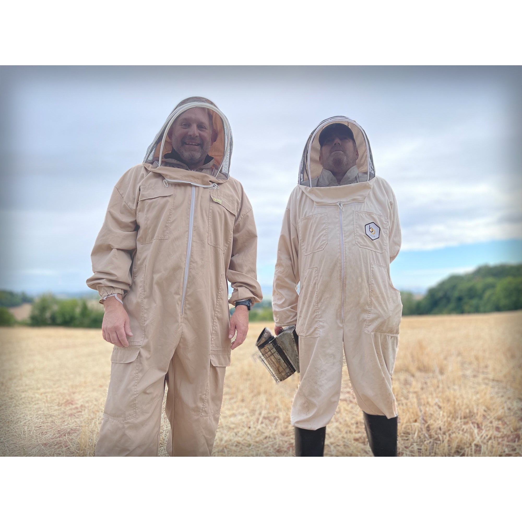 Neil and Simoon in Beekeeping suits 